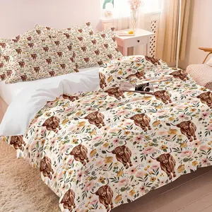 Highland Cow Floral Duvet Cover Set, 1 Duvet Cover + 2 Pillowcases, Soft & Cozy All Season Bedding, Cute Scottish Cow with Pink Yellow Flowers Farmhouse Print Comforter Cover, Microfiber Bed Linens for Kids Adults Bedroom