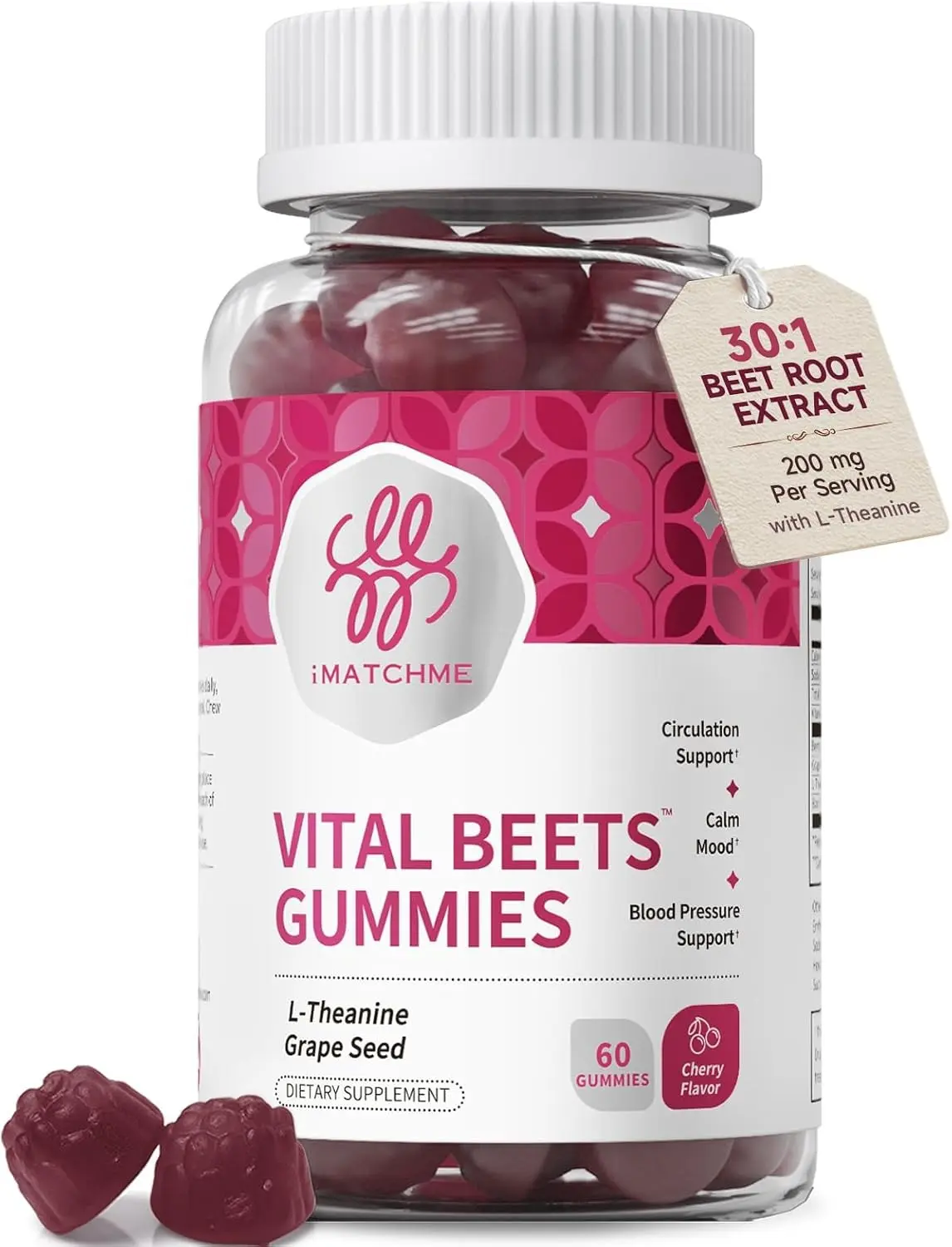 Vital Beets 30:1 Beet Root Gummies - 60 Count Healthcare Dietary Supplement with Grape Seed & L-Theanine, Supports Circulation, Calm Focus, Blood Pressure, Nitric Oxide, Vegan, Gluten Free