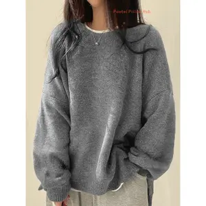 Women's Casual Versatile Solid Color Split Hem Sweater Casual Long Sleeve Round Neck Pullover