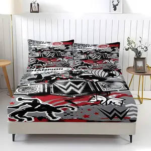 Wwe World Heavyweight Championship Bedding Set (Including 1 Bedsheet And 2 Pillowcases), Graffiti Style Wrestling Themed Bedding, Decorative Bedding, Perfect For Decorating Bedrooms And Dormitories For Children, Teenagers, And Wwe Fans