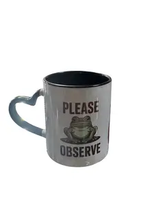 Funny Frog Ceramic Coffee Mug, 'Please Observe' and 'I Have To Say Weird Stuff or I'll Die' Design, Heart Handle, 11 oz