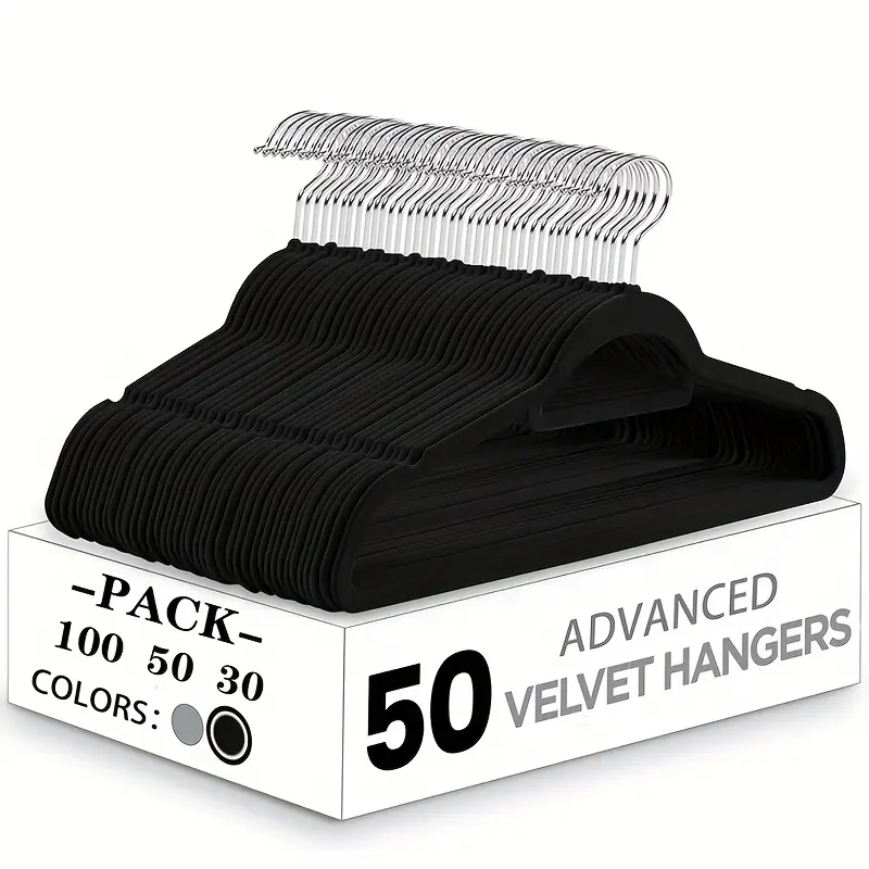 100/50/30pcs, Premium Velvet Non-slip Hanger with Tie Bar, 360° Swivel Hook, Space-saving, Durable, Suitable for Indoor Storage, Outdoor Drying, Clothing Display, Standard Hanger, Wardrobe Storage, Organization And Storage