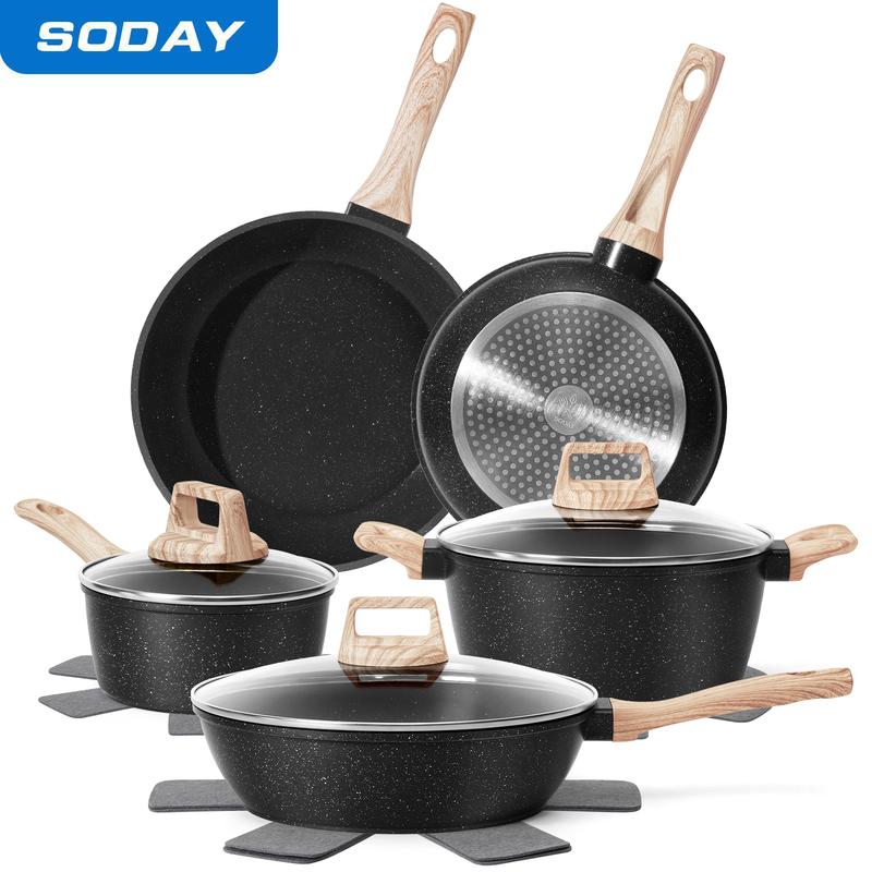 SODAY 17/12 Pcs Pots and Pans Set Non Stick, Kitchen Cookware Sets White Granite Nonstick Cooking Set with Frying Pans, Saucepans, Steamer,Nonstick Pots with Glass Lid (NO PFOS, PFOA),Kitchenware,stock up on specials,New Year Sale, gifts
