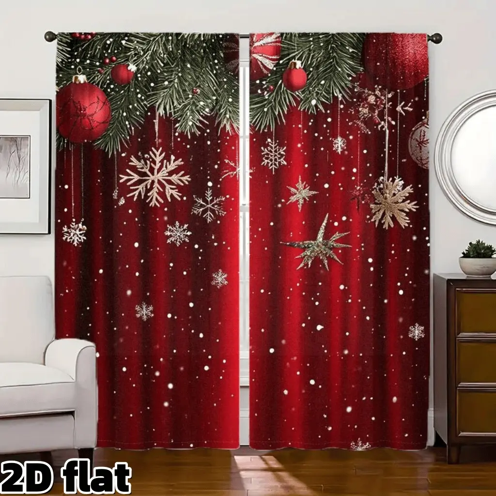 2D Flat 2Pcs Christmas Red Curtains with Snowflake Pattern, Pine Tree Branch Design, Semi Sunshade Rod Pocket Style, Festive Holiday Decor for Living Room Bedroom Balcony Kitchen Study Window Decoration, Seasonal Home Privacy Protection