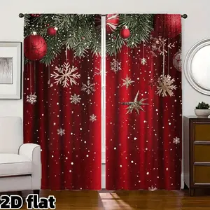 2D Flat 2Pcs Christmas Red Curtains with Snowflake Pattern, Pine Tree Branch Design, Semi Sunshade Rod Pocket Style, Festive Holiday Decor for Living Room Bedroom Balcony Kitchen Study Window Decoration, Seasonal Home Privacy Protection