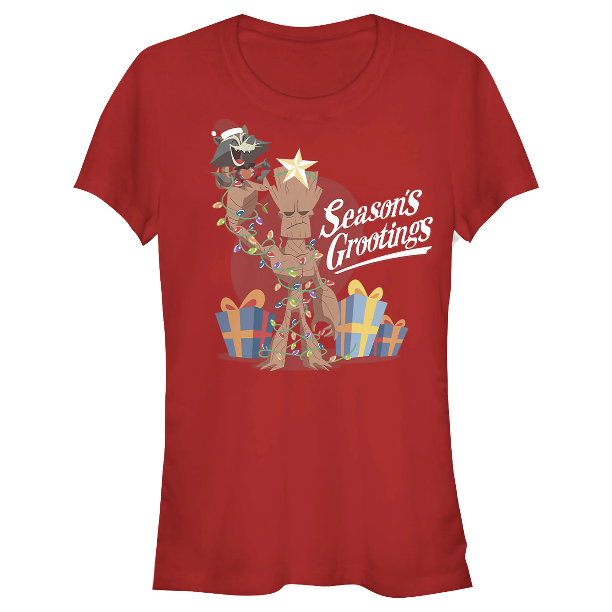 Juniors Womens Marvel Christmas Groot & Rocket Season Grooting T-Shirt