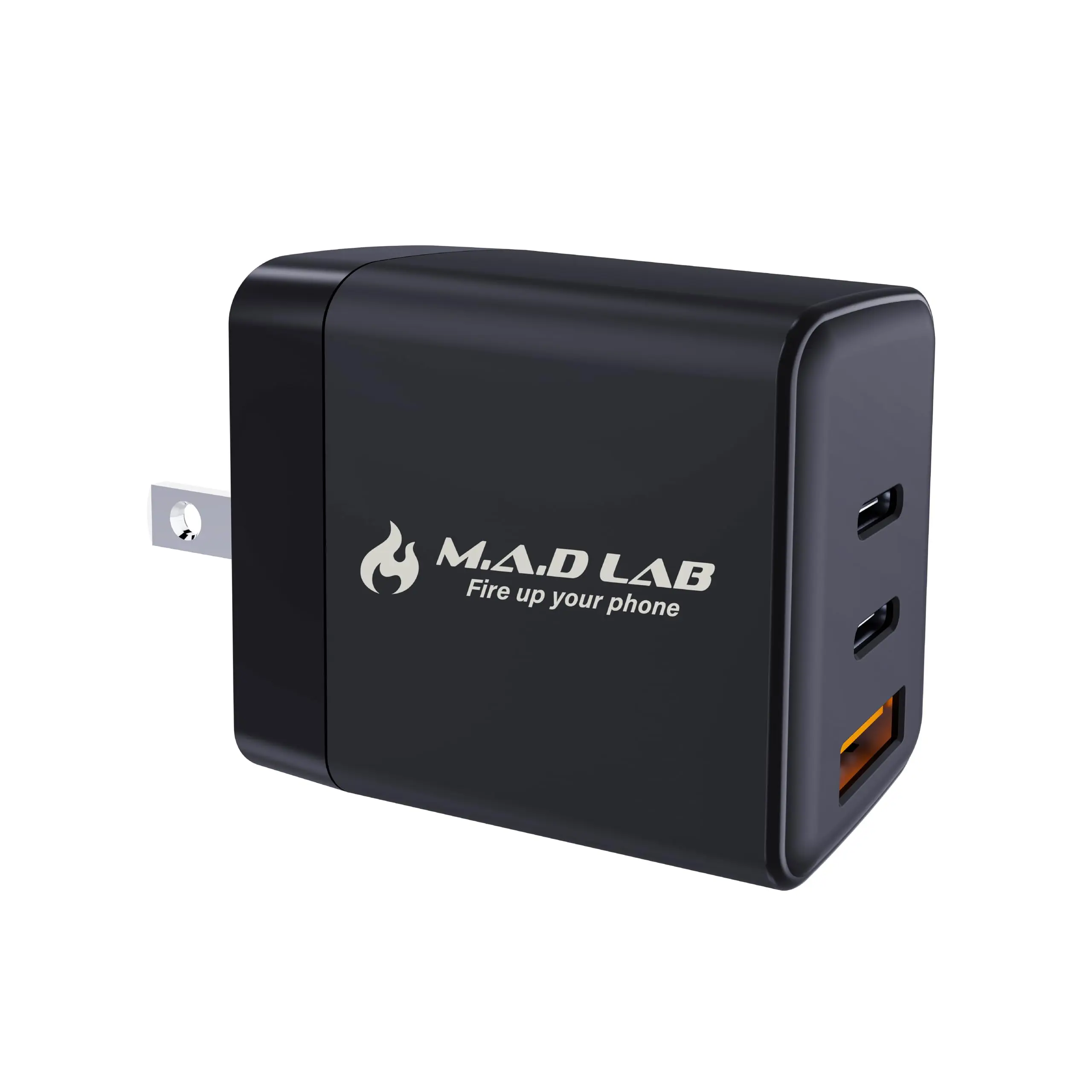 M.A.D LAB 65W Portable Charger – 3-Port USB C Charger Block, Compact Travel Adapter, Swappable Plugs, High-Speed Charging for iPhone, iPad, MacBook, Android, and More