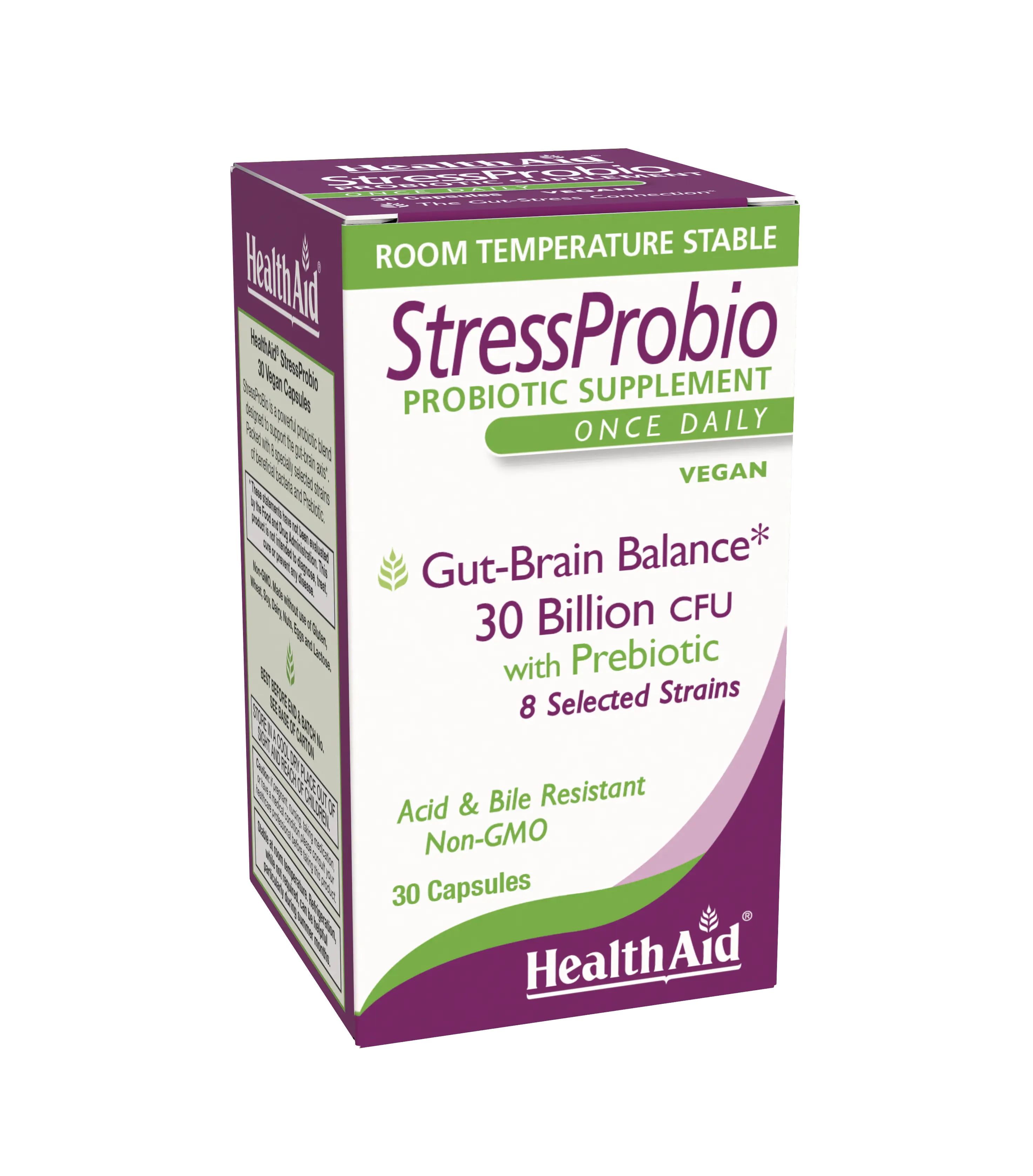 HealthAid StressProbio, Vegan Gut-Brain Balance Probiotic, 30 Billion CFU, 30 Capsules, 8 Strains with Prebiotic