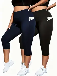 Plus Size Compression Leggings Capri Pants for Women High Waist Workout Yoga Pants with Pockets Tummy Control Leggings Work Out Leggings