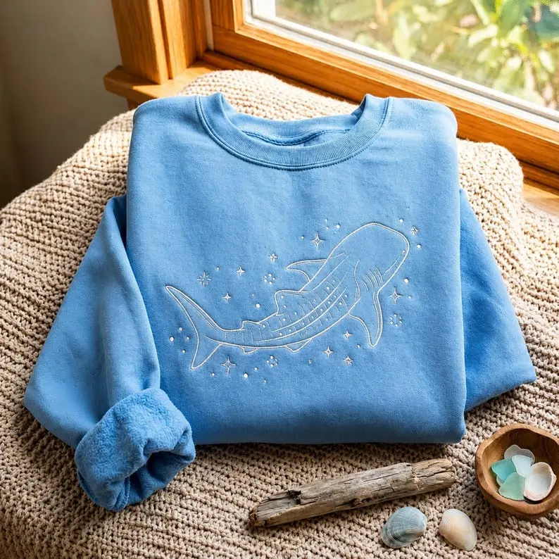Embroidered Whale Shark Sweatshirt: Celestial Ocean Animal Apparel