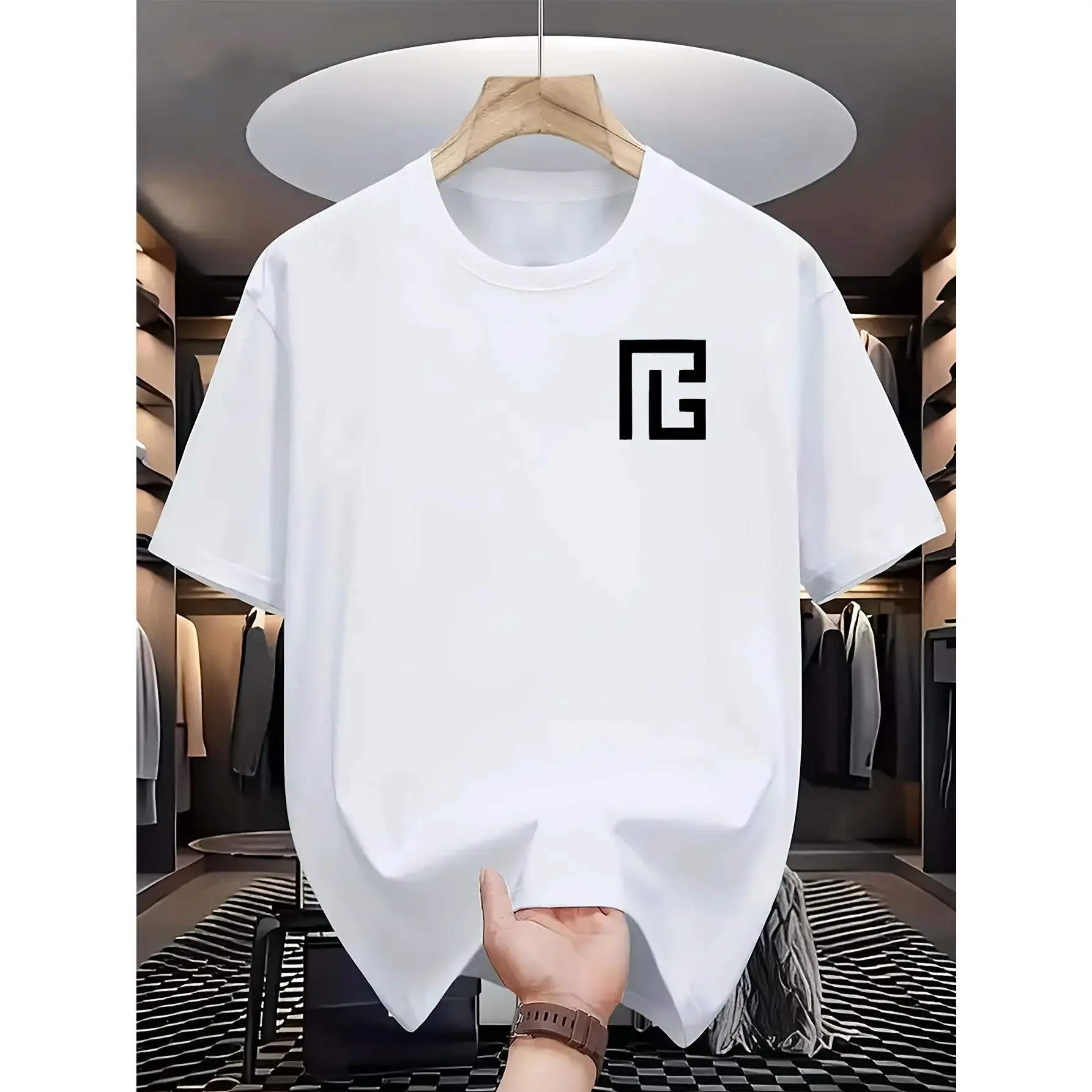Retro Geometric Print Cotton T-Shirt - Casual Loose Fit Short Sleeve Crewneck, Dark Gray with White Logo, All-Season Comfort for Men and Women, Casual Wear | Geometric Pattern | Cotton Fabric, T Shirt