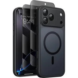 Magnetic Case for iPhone 17 Pro with Privacy Screen Protector MagSafe Compatible Camera Protection Military-Grade Cover Translucent Matte Black
