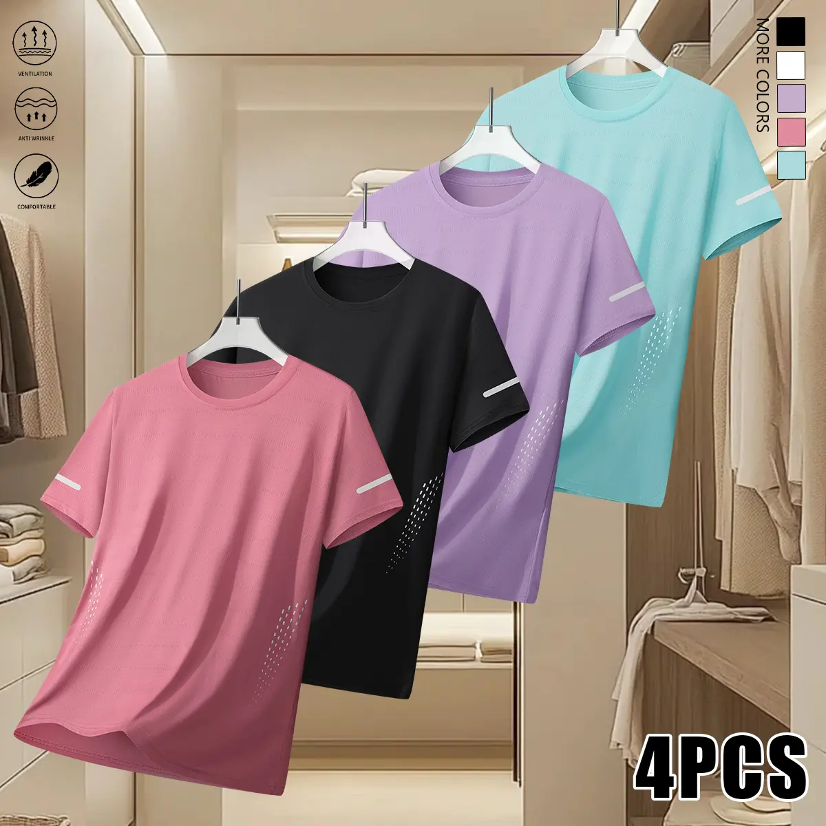 Set of 4 women’s crew-neck short-sleeve tops featuring a simple, minimalist design-suitable for sports, the gym, and everyday casual wear; summer women’s short-sleeve tops.,summerwins,summeroutfits,vacationoutfits,beachoutfits