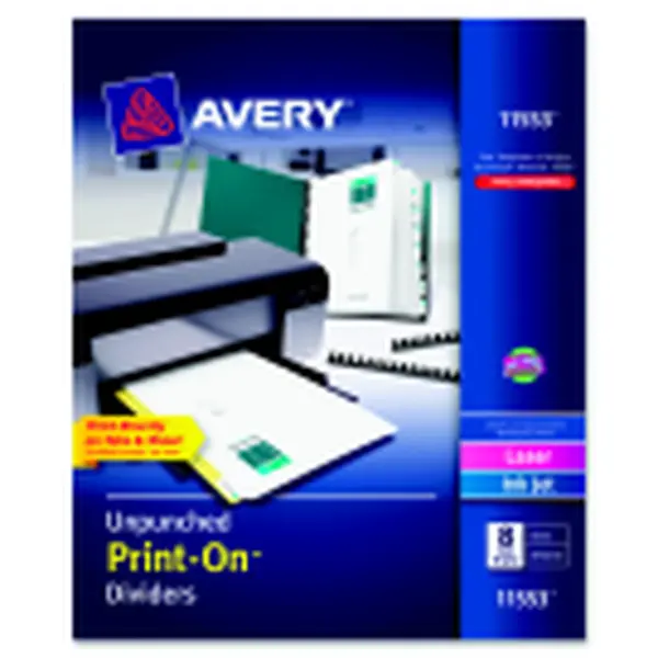 Avery White 8-Tab Print-On Tab Divider Sheets - Unpunched, Laser & Inkjet Compatible, High Impact, Pack of 5 for Wedding Planners, Scrapbooks, Laser And Inkjet Printers