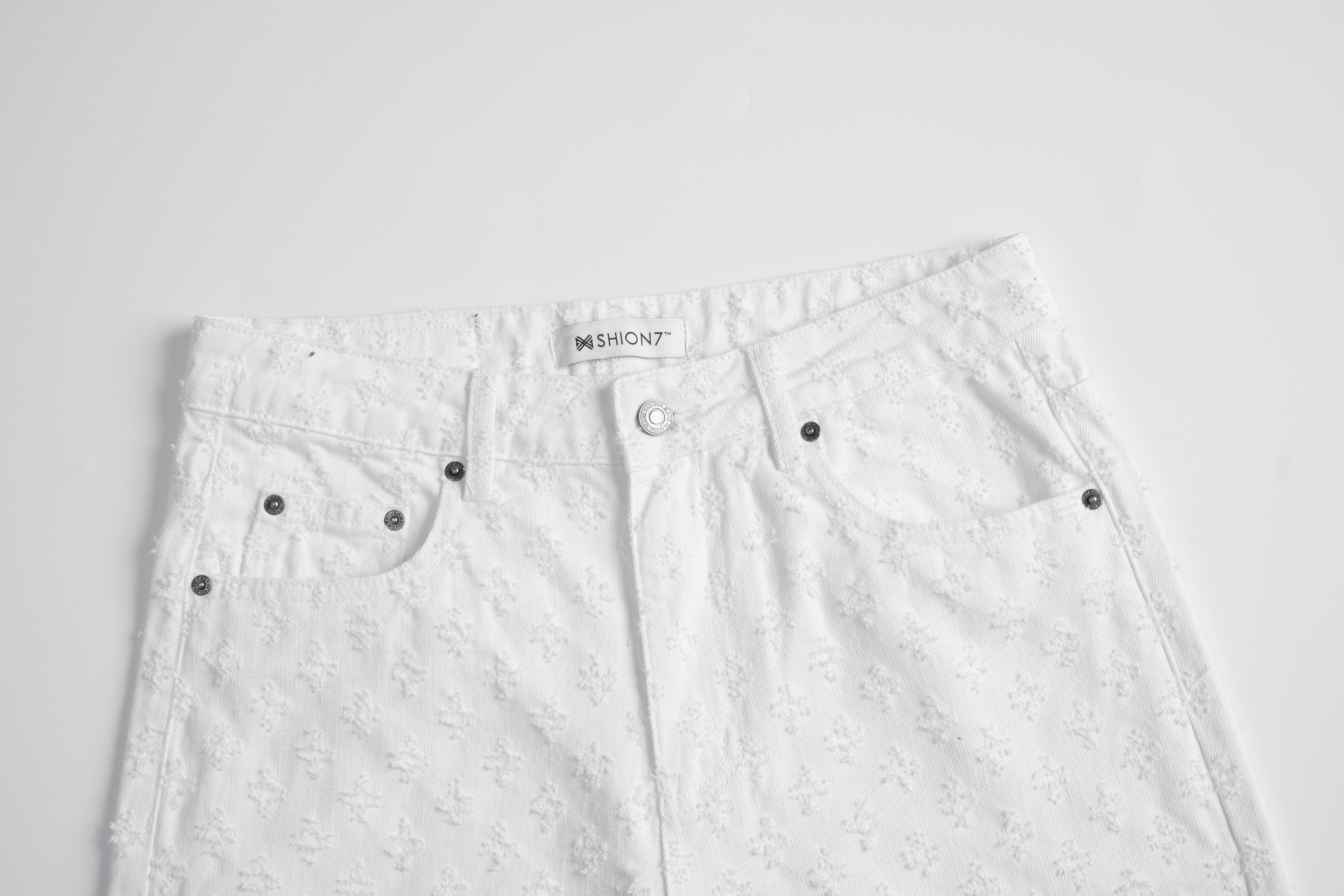 Fashion White Jacquard Denim Shorts Men, Ripped Holes Straight Leg Summer Casual Clean Fit Pants