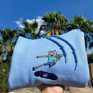 Finn The Human Skater Embroidered Sweater, Personal Adventure Time Hoodie, Y2K Custom Stitched T-shirt, Soft Grunge 2000s Aesthetic Crewneck