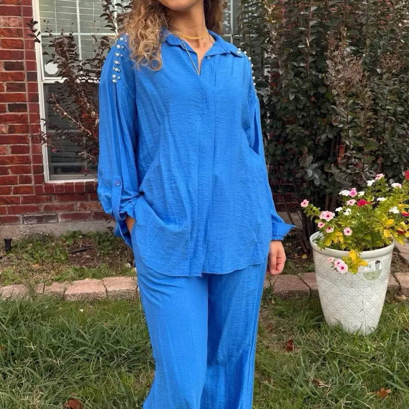 Two Piece Blue Tunic Set with Bead Detailing for Women's Fashion