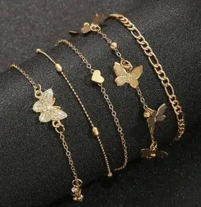 1Pcs Elegant Butterfly & Heart Minimalist Beaded Multilayer Anklet, Shiny Faux Diamond Decor, Vintage Bohemian Foot Jewelry, Perfect for Summer Vacation, Beach Party & Bikini Wear
