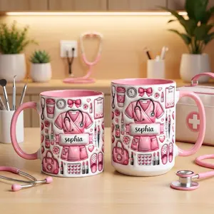 Personalized Nurse Accent Mug 2D Printed 3D Effect Coffee Cup, Custom Name Pink Nursing Design, Premium Ceramic Mug for Nurses Doctors Medical Staff, Healthcare Appreciation Keepsake, Thoughtful Gift Idea for Her Him Friends Family