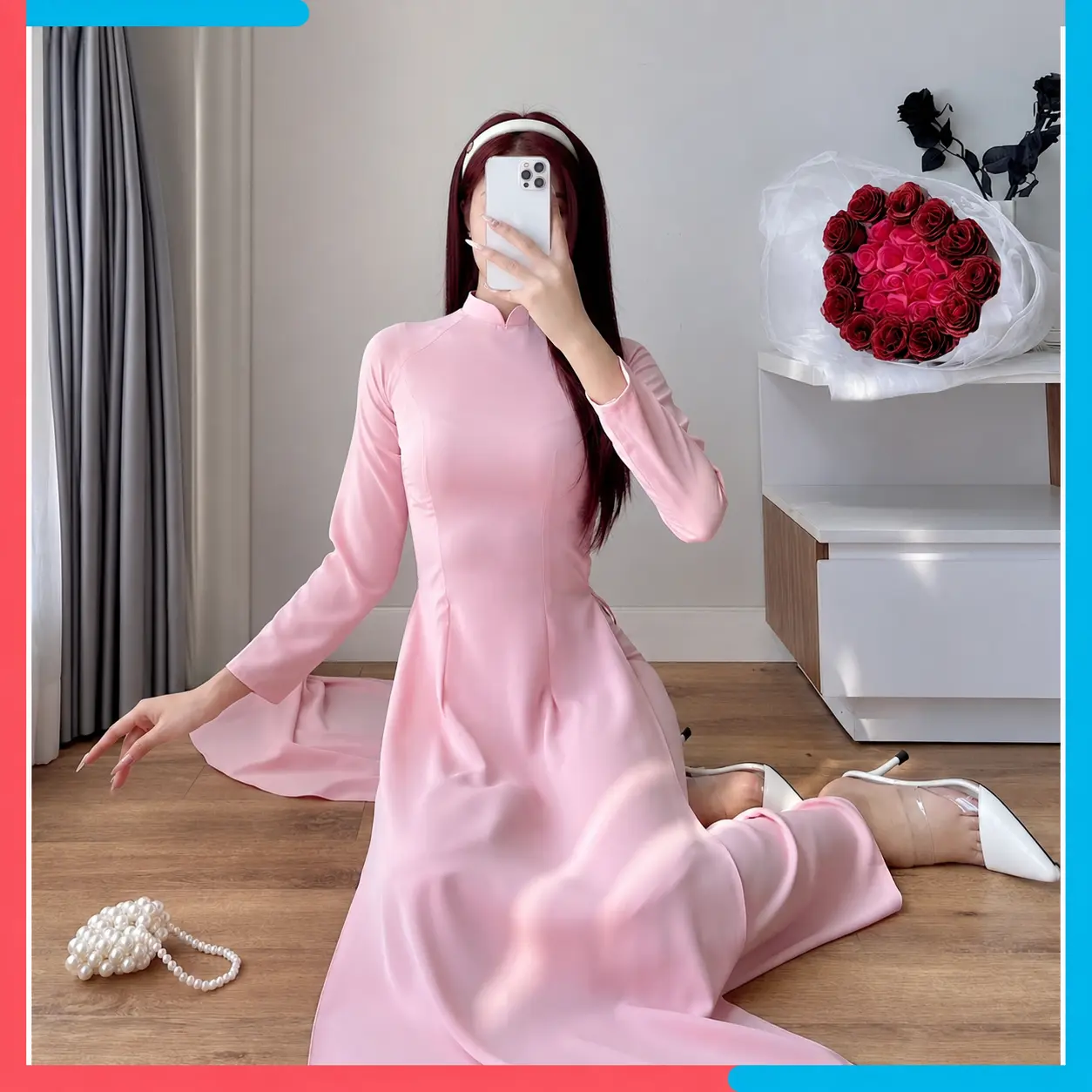 Traditional Vietnamese Pink Silk Ao Dai – Elegant Classic Long Tunic Set