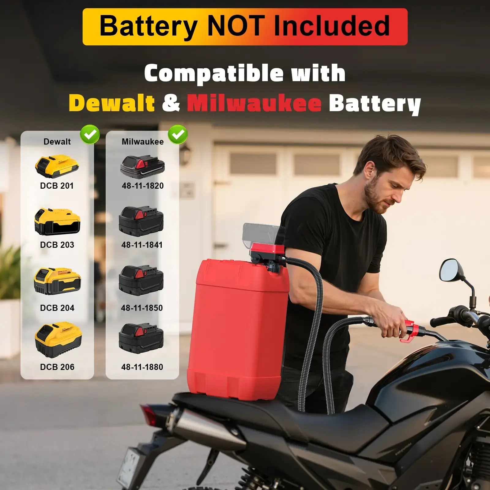 Cordless Fuel Transfer Pump for portable refueling—works with DeWalt 20V & Milwaukee 18V batteries (battery not included). 3.2 GPM electric pump w/ 51'' hose & 3 adapters for diesel, gasoline, oil & water.-002
