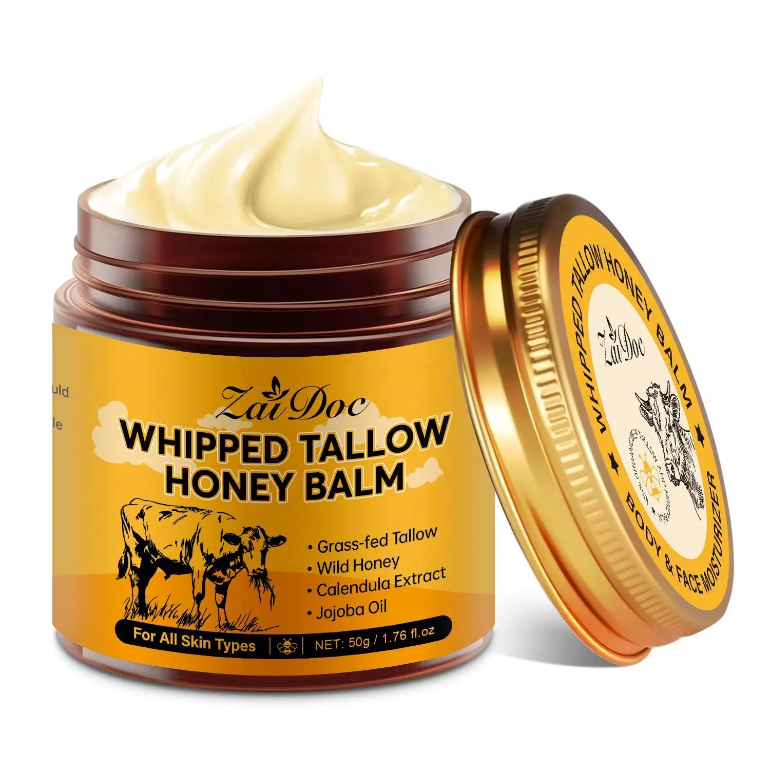 ZaiDoc Whipped Tallow Honey Balm - 50g Beef Tallow Ointment for Deep Moisturization, Soothes Chapped Skin, Gentle for Daily Use, Nutrient-Rich Formula