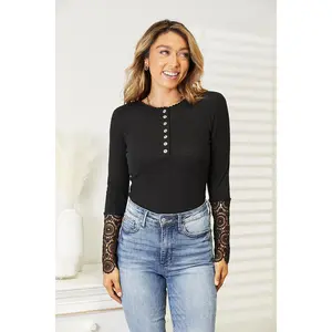 Double Take Crochet Lace Hem Sleeve Button Top clothing women Mesh Long