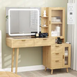 49" Boho Fluted Vanity Desk with Lighted Mirror, Modern Glass Top, Charging Station, 5 Drawers, 2 Cabinets with Adjustable Shelves, Makeup Vanity Desk for Salon Use
