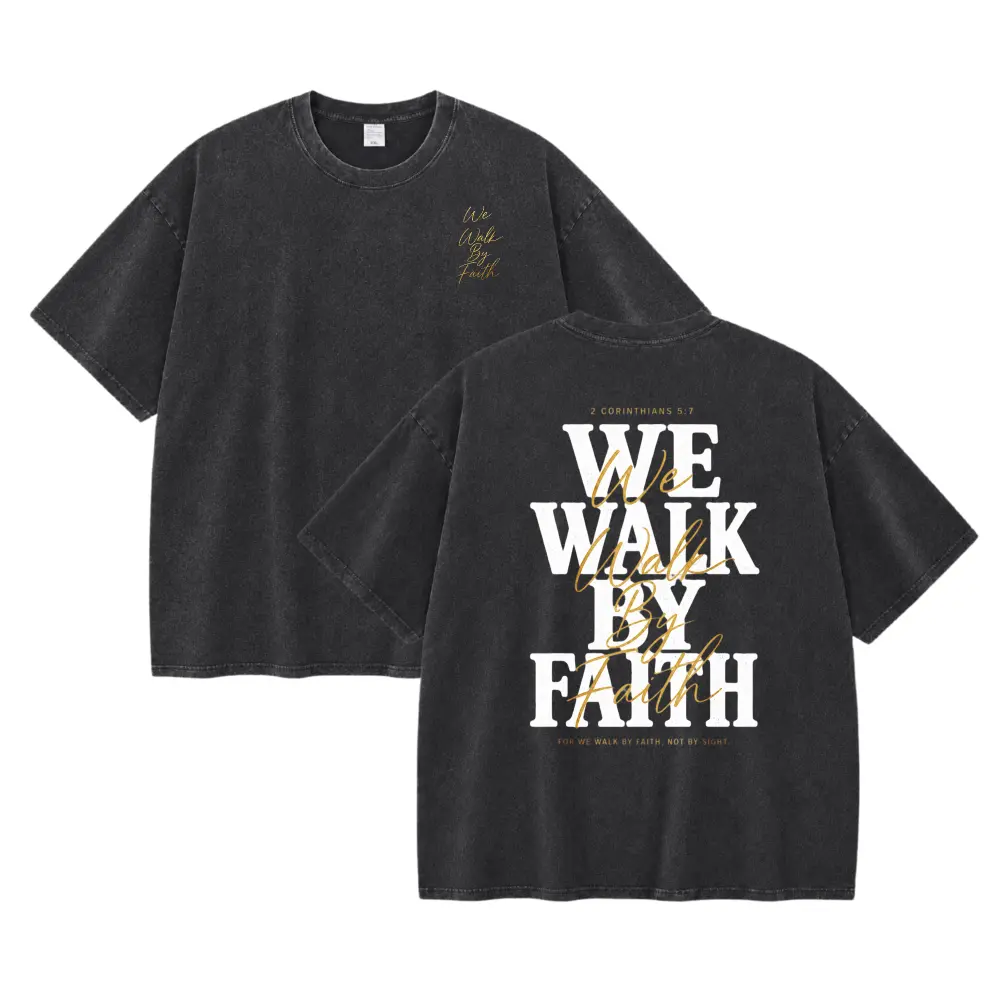 Men's Christian Walk By Faith Graphic T Shirt, 2 Corinthians 5:7 Bible Verse Faith Tee, Vintage Washed Oversized Crew Neck Short Sleeve Shirt