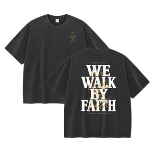 Men's Christian Walk By Faith Graphic T Shirt, 2 Corinthians 5:7 Bible Verse Faith Tee, Vintage Washed Oversized Crew Neck Short Sleeve Shirt