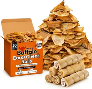 Fang & Claw Buffalo Dog Chews Variety Pack – 20 Count Natural Buffalo Ears & 6" Cheek Rolls | Rawhide-Free High Protein Long-Lasting Dog Treats