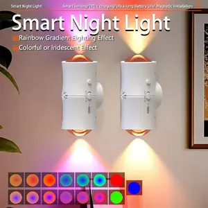 1 piece Double-head LED Night Light with Motion Sensor 7colors RGB Night Light USB Rechargeable Magnetic Wall Lamp ntelligent Human Induction for Cabinet Hallway Stair Lighting