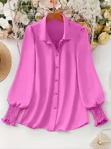 【Plus Size】 Solid Color Button Down Shirt, Casual Long Sleeve Collared Top for Summer, Women's Plus Clothing for Daily Wear