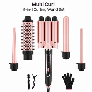 Heikki Vision 5-in-1 Curling Iron Set with Curling Brush and 4 Interchangeable Ceramic Curling Irons, Instant Heat, Includes Thermal Glove and 2 Clips (US Standard)