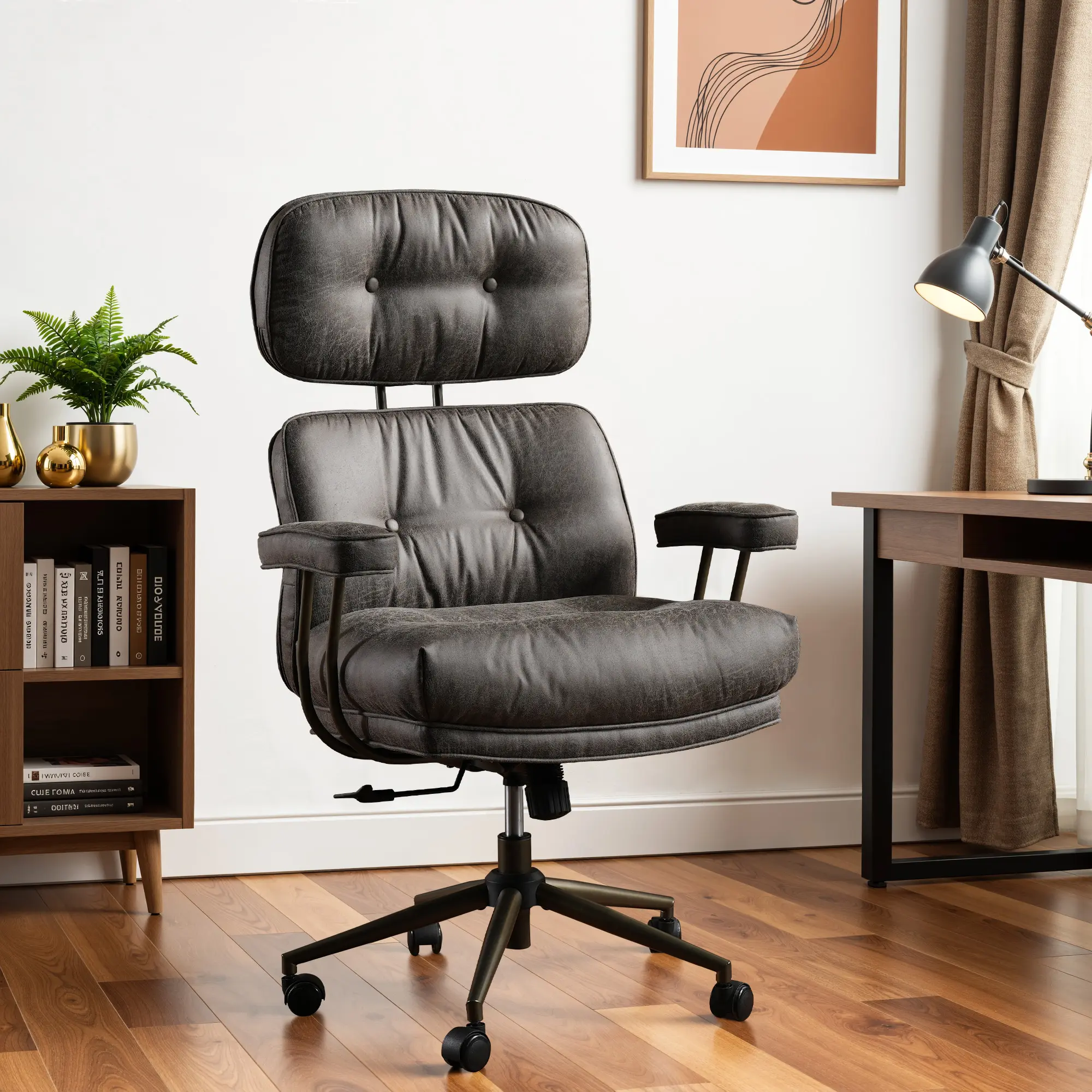 ALLWEX 28"H Premium Leather High Back Executive Desk Chair, Mid-Century Modern Ergonomic Padded Seat with Height Adjust, Lumbar Support, 120° Reclining Backrest, Thick Cushion & Removable Armrests for Home Office