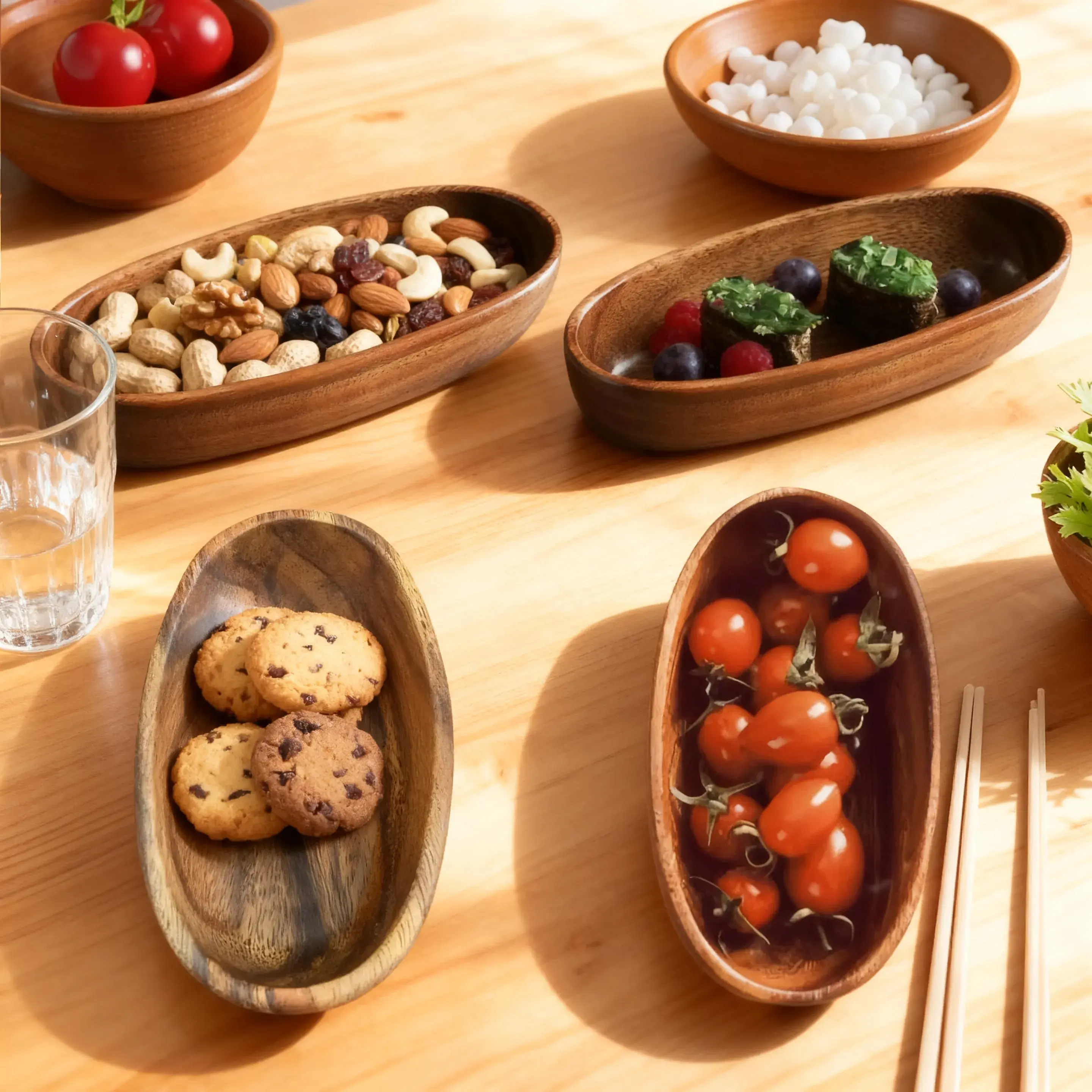 4-Pack Handmade Wooden Boat-Shaped Serving Trays, Natural Wood Snack Bowls for Fruit, Nuts, Desserts, Sushi, Appetizers, Kitchen Table Serving Platter