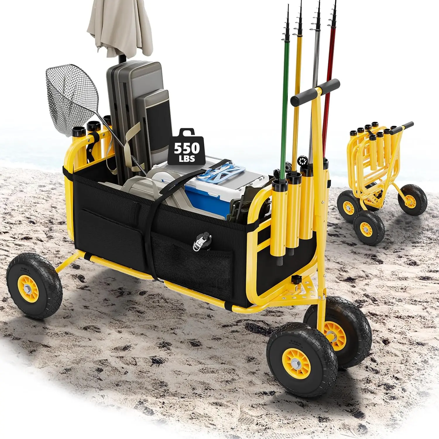 Beach Fishing Cart, Beach Wagon Trolley with 11" Big NO-Flat Airless Tires, Foldable Beach Trailer with Large Cargo Basket, 550 lbs Load Capacity, 8 Fishing Rods Holder, Durable Oxford Bag