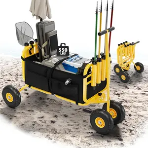 Bonnlo Beach Fishing Cart, Beach Wagon Trolley with 11" Big NO-Flat Airless Tires, Foldable Beach Trailer with Large Cargo Basket, 550 lbs Load Capacity, 8 Fishing Rods Holder, Durable Oxford Bag
