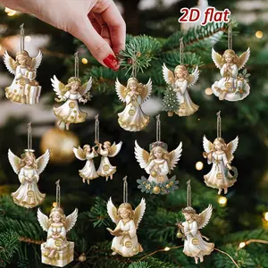 12Pcs Christmas Vintage Wooden White Angel Pendant Merry Christmas New Year Pendant Gift Christmas Tree Decor Supplies