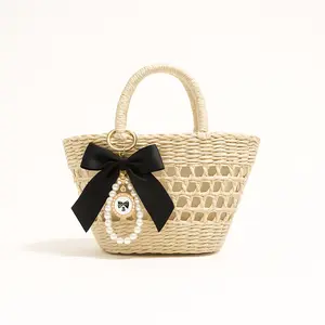 Beaded Bowknot Ribbon Keychain with Pearl Strand Car Keychain & Cute Bag Charm Bow Tie Key Fob Gift for Women & Girls 5.5Inch*4.7Inch