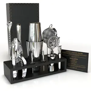 13-Piece Boston Cocktail Shaker Set Stainless Steel Mixology Bartender Kit With Stand For Home Bar Cocktail Set| Laser Engraved Cocktail Tools| Plus E-Book with 30 Cocktail Recipes