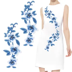 Blue Lily Embroidered Fabric Patches, Sewable Iron-On, DIY Decoration for Backpacks and Clothes, 2pcs/pack