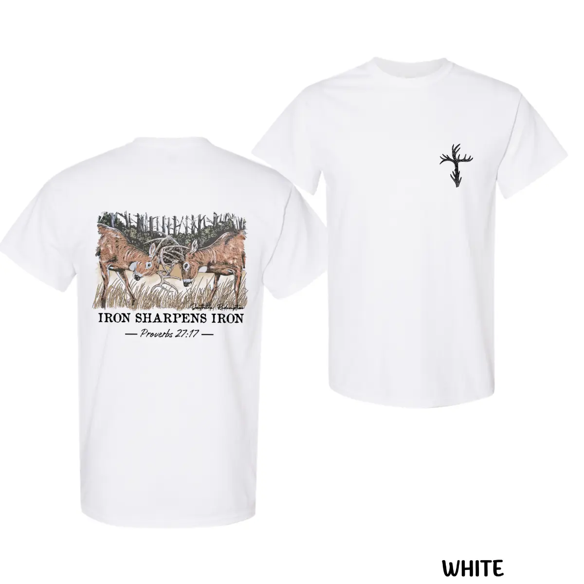 Sharpens Iron Christian Hunting Shirt, Proverbs 27:17 Buck Graphic Tee, Faith & Outdoors Front and Back Print, Bible Verse Menswear Top, Religious Gift for Hunters