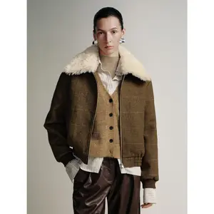 URBAN REVIVO 2026 Winter New Women's Casual Wool Blend Longsleeves Coat - Brown Checkered Fabric, Faux Fur Lapel, Amber Luminous Panel, Central Zipper, Medium Length, Relaxed Cut, Comfortable Everyday Elegant Wear UWG150134