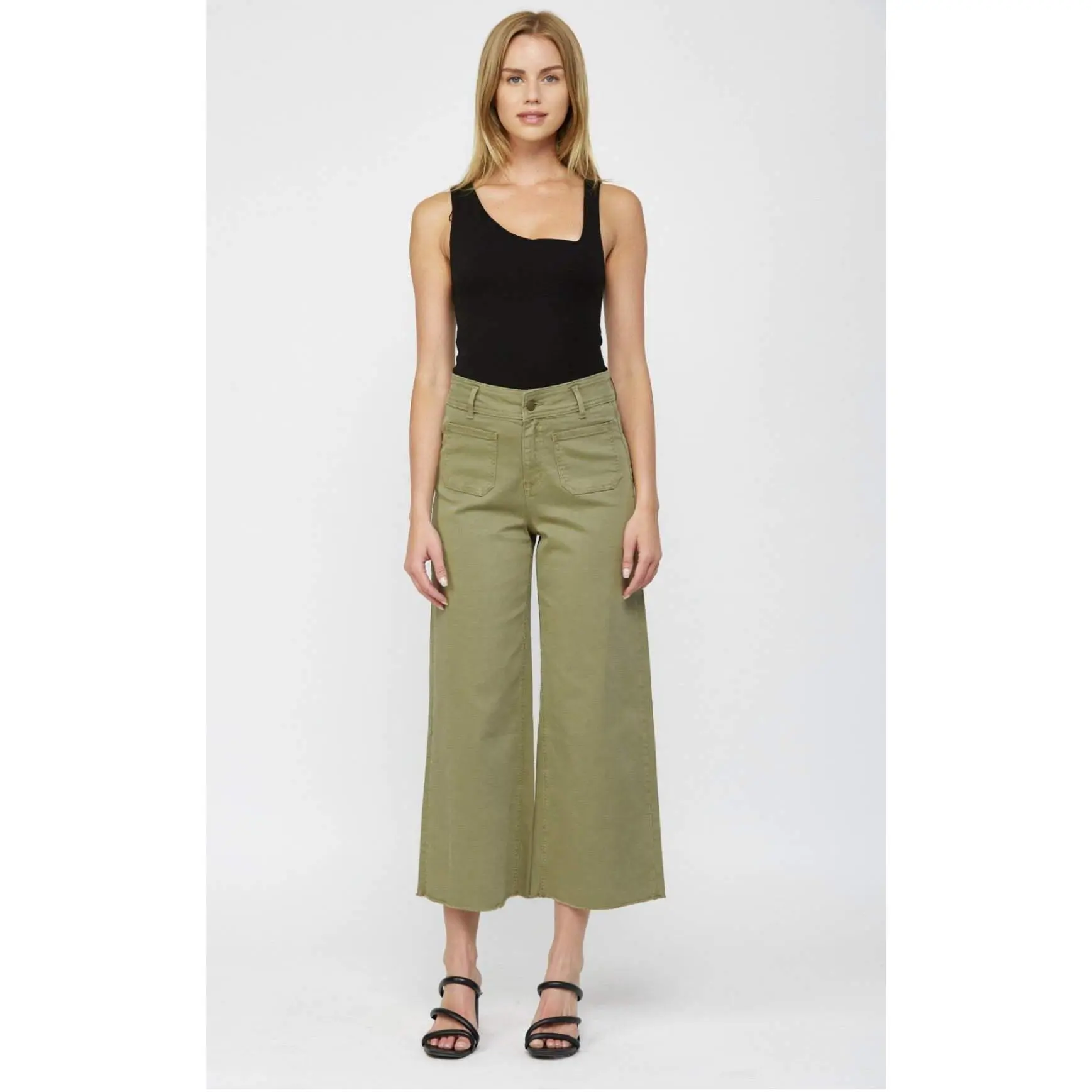 Comfortable Women's Plain Cotton/Lycra High Rise Wide Leg Trousers with Pockets