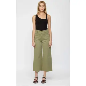 Comfortable Women's Plain Cotton/Lycra High Rise Wide Leg Trousers with Pockets