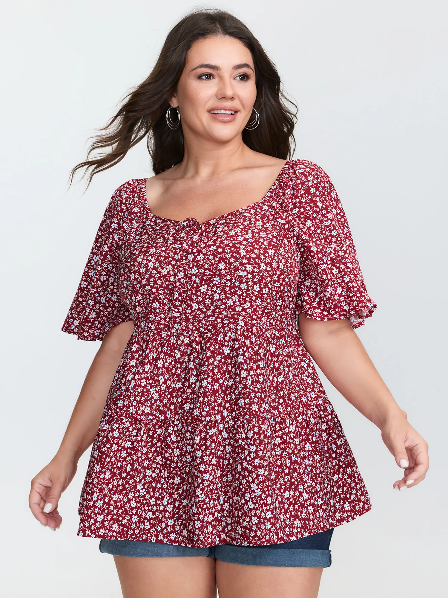 BloomChic Women's Plus Size Curvy Clothing Micro Floral Print Sweetheart Neck Spandex Top - Short Sleeve, Smooth Knot Detail, Fitted Blouse, M-6X Sizes,Summerfinds