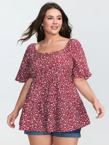 BloomChic Women's Plus Size Micro Floral Print Sweetheart Neck Garment Top - Spandex Fabric, Smooth Knot Detail, Fitted Blouse Shirts, Short Sleeve, M-6X Sizes, 2026 Summer Mother's Day Pick,summervibes