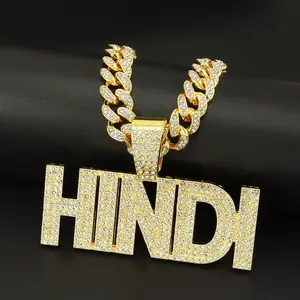 Trending Now!Hip Hop HINDI Letter Splicing Pendant Necklace with Full CZ Inlay| Bold Miami Cuban Chain Bling| Alloy Electroplated Statement Piece for Rappers, Clubbers & Street Dancers