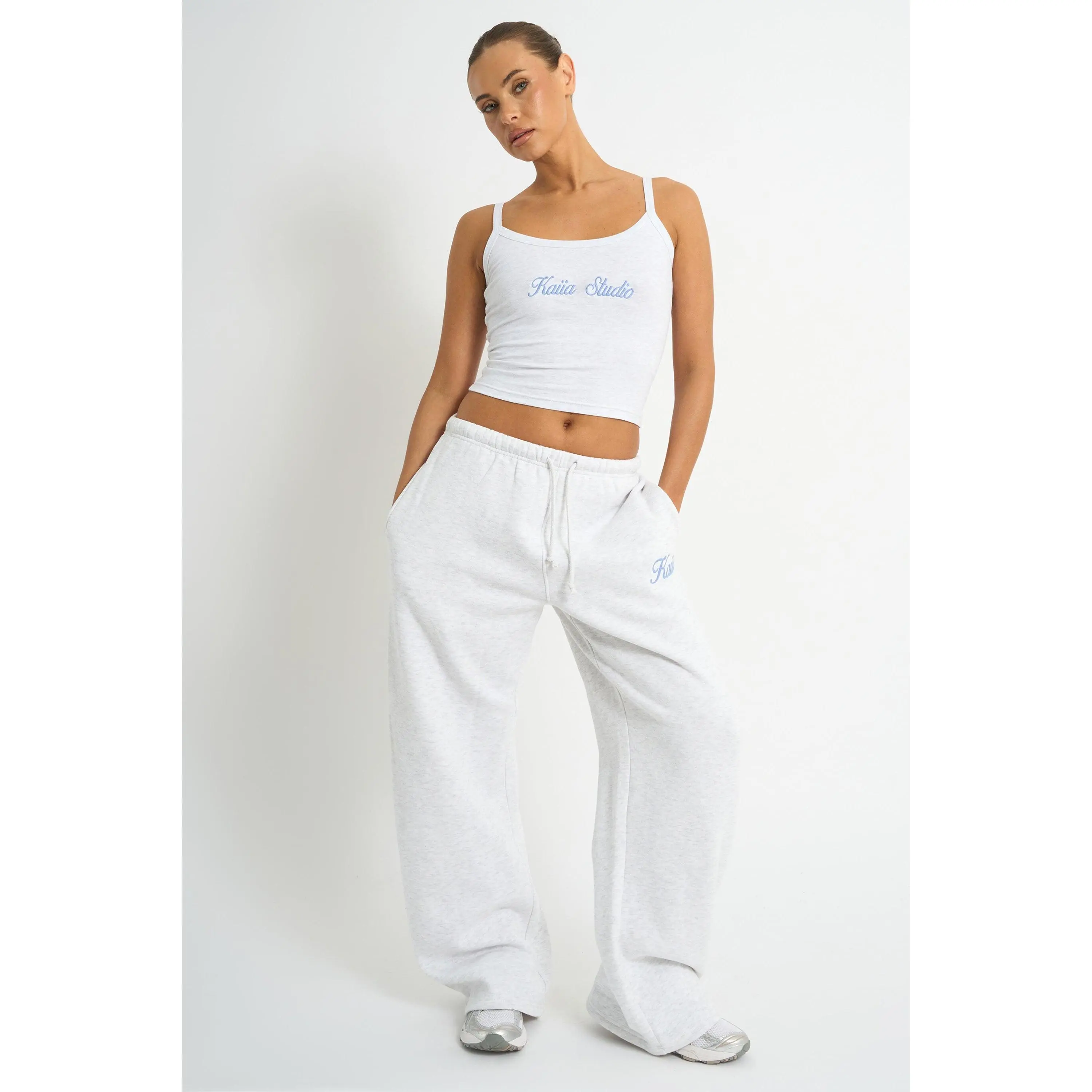 Kaiia Script Logo Wide Leg Joggers Light Grey Marl & Vintage Blue